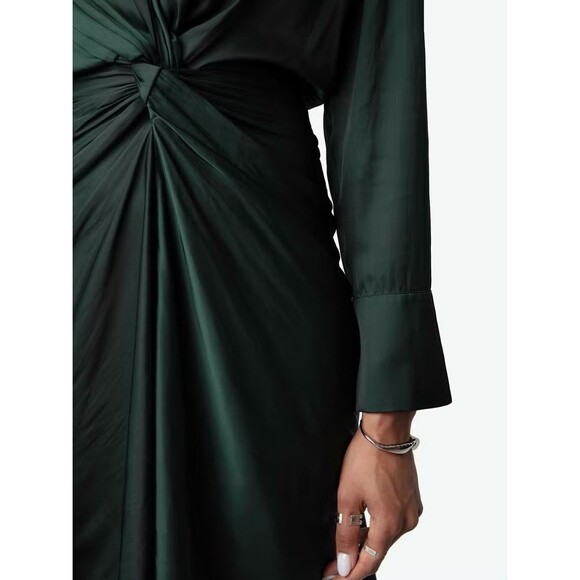 ZADIG & VOLTAIRE Rozo Satin Dress Draped Waist Deep Neckline 3/4 Sleeves Size XS - Picture 9 of 16